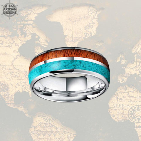 Image of Turquoise Wedding Band Tungsten Ring - 8mm Koa Wood Ring Mens Wedding Band Silver Ring