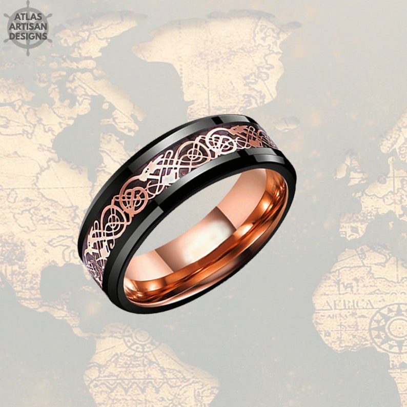Norse Rose Gold Ring Mens Wedding Band Viking Ring Celtic Knot Ring Viking Wedding Ring Rose Gold Black Ring Tungsten Ring Mens Ring