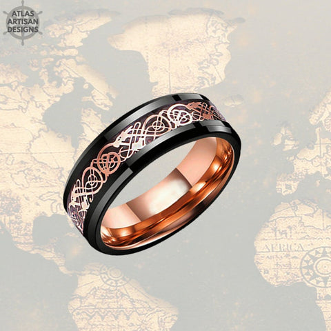 Image of Norse Rose Gold Ring Mens Wedding Band Viking Ring / Celtic Knot Ring Viking Wedding Ring Rose Gold & Black Ring / Tungsten Ring Mens Ring - Atlas Artisan Designs