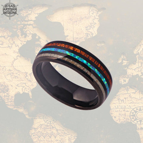 Image of Koa Wood Ring with Deer Antler & Opal Inlay Mens Wedding Band Blue Opal Ring, Mens Tungsten Ring - Atlas Artisan Designs