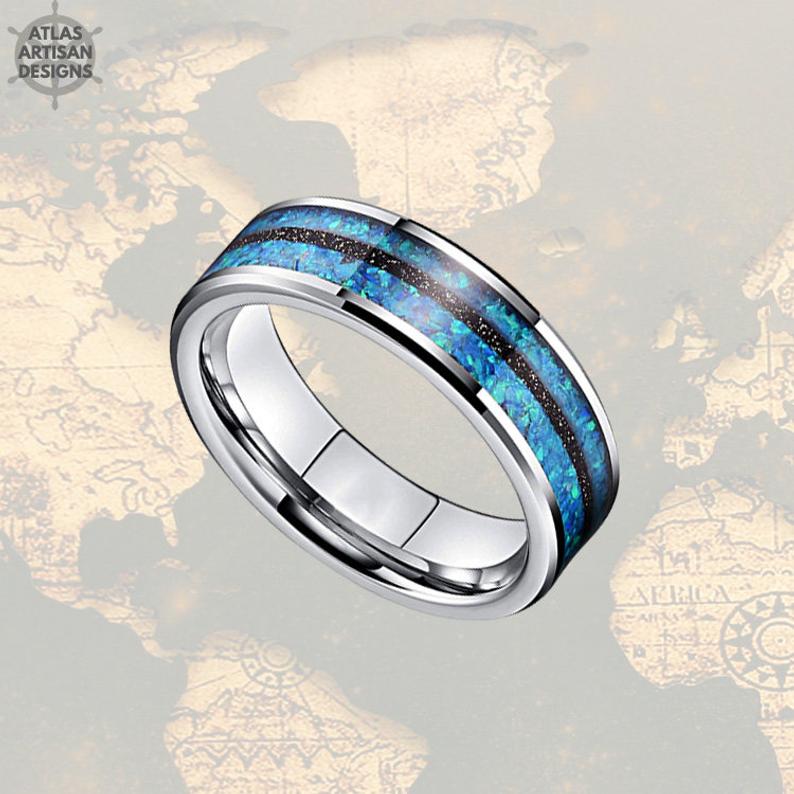 6mm Thin Blue Opal & Meteorite Ring Tungsten Wedding Bands Women Ring Meteorite Wedding Band Tungsten Ring, Mens Wedding Band Couples Rings - Atlas Artisan Designs