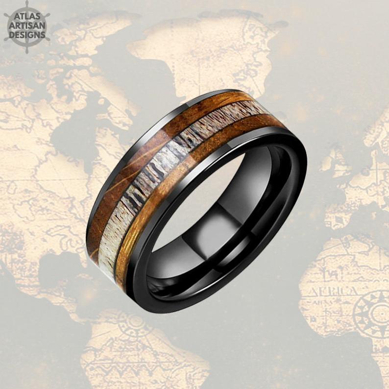 Black Whiskey Barrel Ring with Deer Antler Mens Wedding Band Tungsten Deer Antler Ring - Atlas Artisan Designs