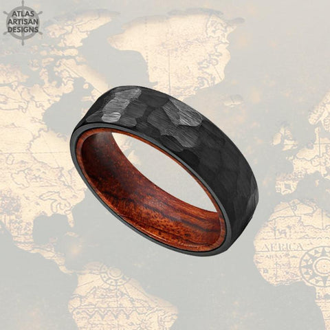 Image of Koa Wood Ring Mens Wedding Band Tungsten Ring, Black Hammered Ring Mens Viking Ring - Atlas Artisan Designs