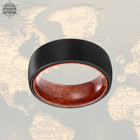 Image of Black Mens Wedding Band Tungsten Ring, Nature Ring Wood Wedding Band Mens Ring, 8mm Sandal Wood Ring Mens Wooden Ring Unique Rings for Him - Atlas Artisan Designs