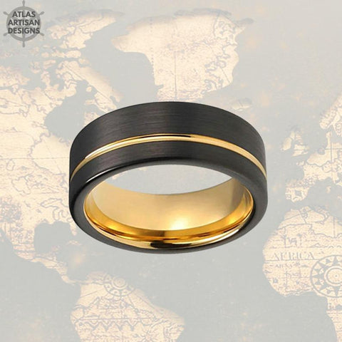 Image of Pipe Cut 18K Yellow Gold Ring Mens Wedding Band Two Tone Tungsten Ring