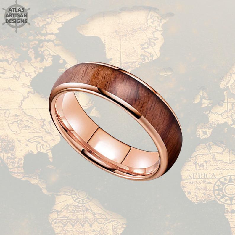 6mm 18K Rose Gold Ring Koa Wood Wedding Bands Tungsten Womens Ring