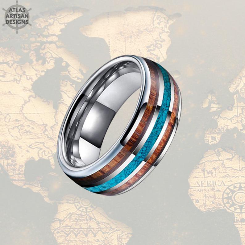 Mens Turquoise Ring Tungsten Wedding Band Viking Ring - Koa Wood Ring Wedding Band - Atlas Artisan Designs