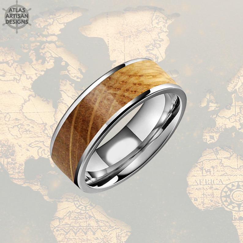 Silver Whiskey Barrel Ring Mens Wedding Band Tungsten Ring with Wood Inlay Ring - Atlas Artisan Designs
