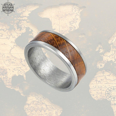 Image of 8mm Unique Whiskey Wood Ring Mens Wedding Band Silver Ring