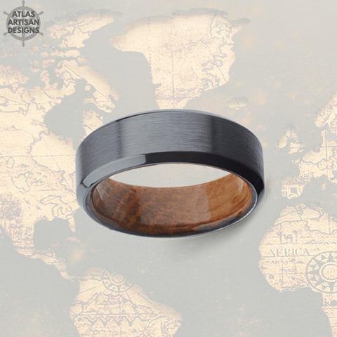 Image of Gunmetal Wood Wedding Band Mens Ring, Whiskey Barrel Ring Mens Wedding Band Wood Ring, 8mm Tungsten Ring Whisky Wood Inlay Ring Wooden Ring - Atlas Artisan Designs