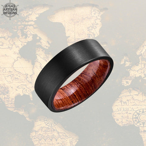 Image of Sandal Wood Ring Mens Wedding Band Tungsten Ring, Pipe Cut Wood Wedding Band Mens Ring, 8mm Wood Inlay Ring Unique Wedding Ring Wooden Ring - Atlas Artisan Designs