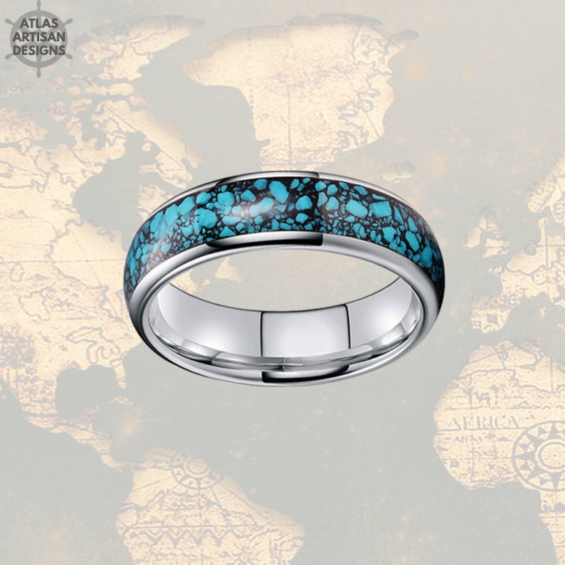 Mens Turquoise Ring, 6mm Silver Turquoise Wedding Bands Womens Ring, Thin Tungsten Ring - Atlas Artisan Designs