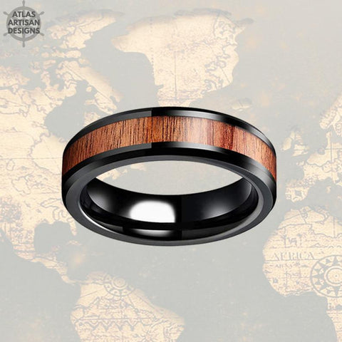 Image of 6mm Beveled Thin Black Wedding Band Tungsten Ring Koa Wood Ring