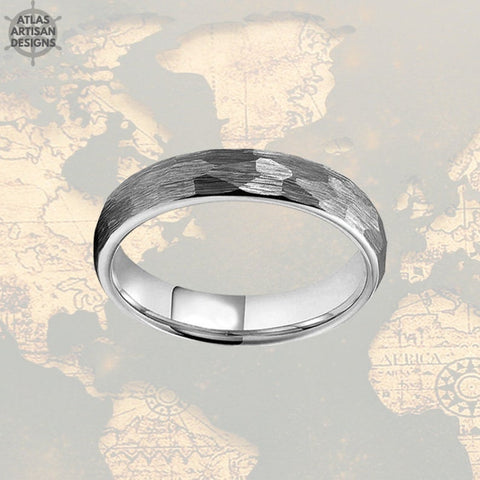 Image of 4mm Silver Ring Hammered Wedding Band Tungsten Ring
