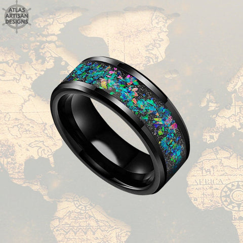 Image of Black Opal Ring Mens Wedding Band Tungsten Ring - Atlas Artisan Designs