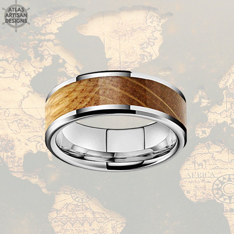 Beveled Bourbon Wood Ring Mens Wedding Band Tungsten Ring, Silver Whiskey Barrel Ring Tungsten Wedding Band Mens Ring with Wood Inlay Ring - Atlas Artisan Designs
