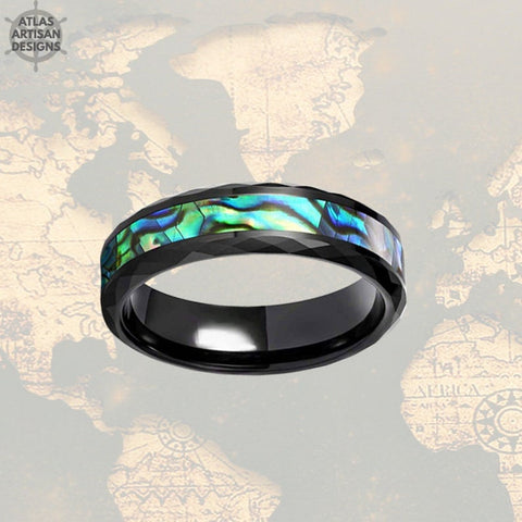 Image of Abalone Ring Mens Wedding Band Hammered Ring - 6mm Mens Ring Tungsten
