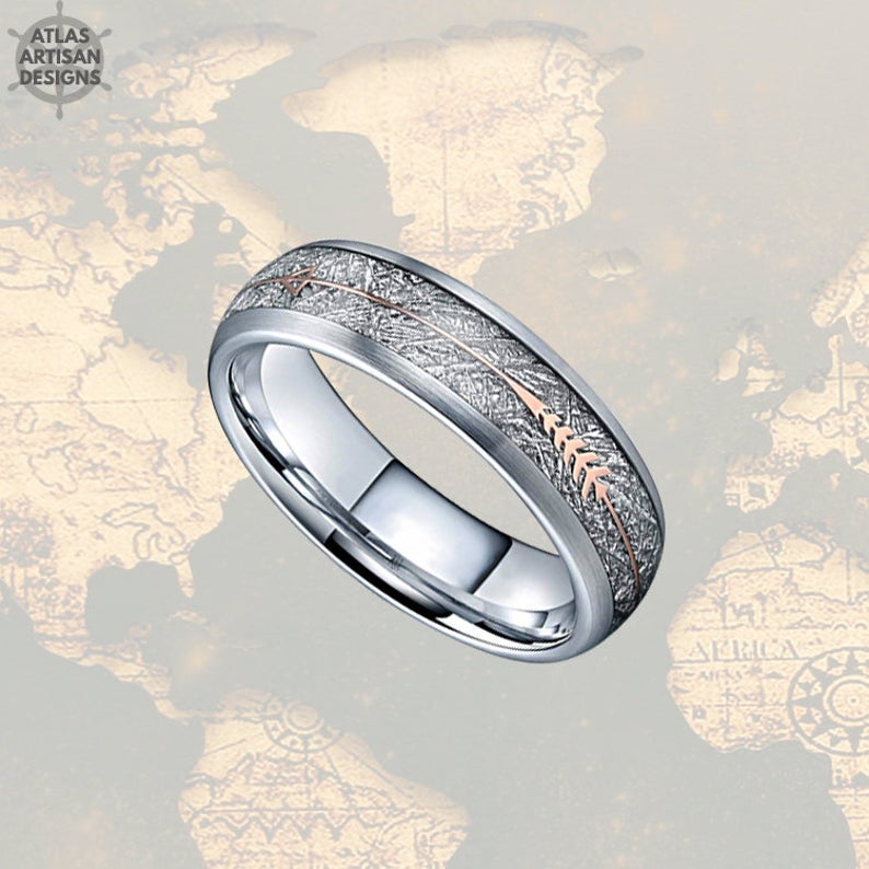 6mm Meteorite Ring Tungsten Wedding Bands Womens Ring, Rose Gold Arrow Ring Mens Wedding Band Couples Rings Set - Atlas Artisan Designs