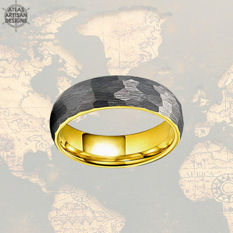 Image of 6mm Silver Hammered Ring 18K Yellow Gold Wedding Band Womens Ring Viking Gold Ring Mens Wedding Band Tungsten Ring Couples Rings Mens Ring - Atlas Artisan Designs