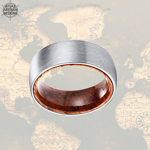 Image of Exotic Sandal Wood Ring Tungsten Wedding Rings for Him, Silver Ring Mens Wedding Band Tungsten Ring, Wooden Ring Unique Mens Promise Ring - Atlas Artisan Designs