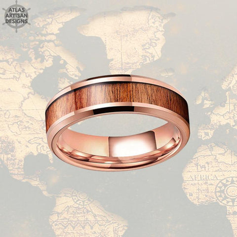 Image of 6mm Beveled 18K Rose Gold Ring Wedding Band Tungsten Ring Koa Wood Ring