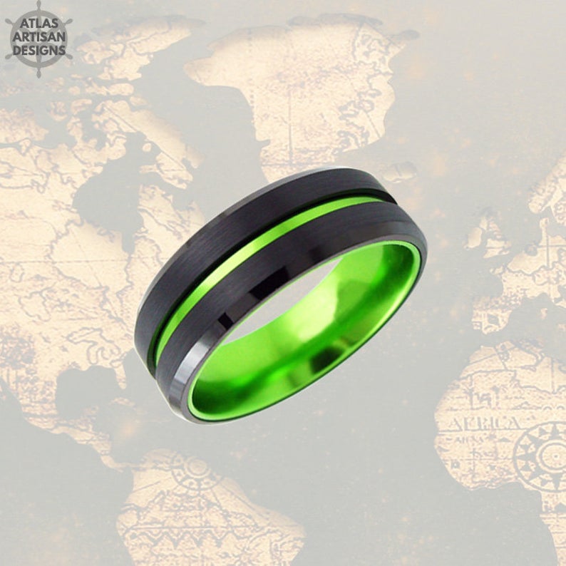 Thin Tungsten Ring Womens Wedding Band Black Ring with Green Groove - Atlas Artisan Designs