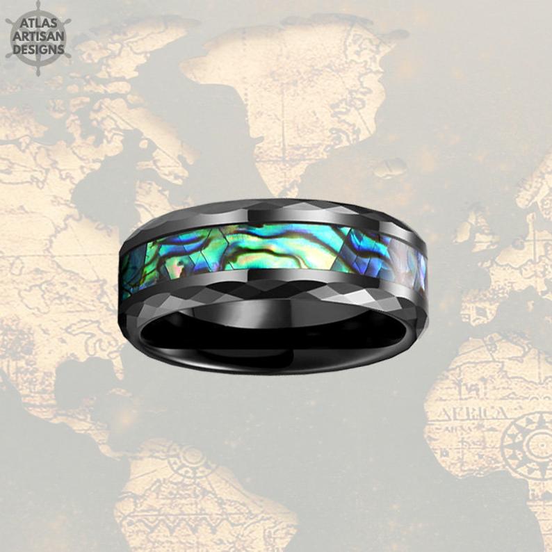 8mm Black Hammered Ring Mens Wedding Band Tungsten Ring - Abalone Mens Ring