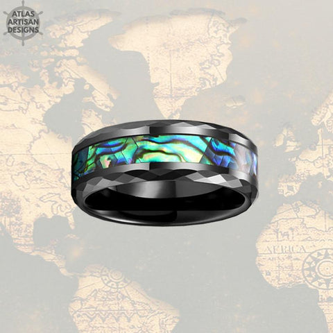 Image of 8mm Black Hammered Ring Mens Wedding Band Tungsten Ring - Abalone Mens Ring