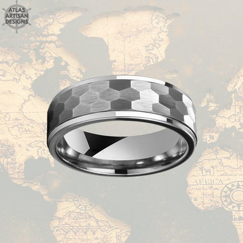 Image of 8mm Silver Hammered Ring Mens Wedding Band Tungsten Ring with Step Edges
