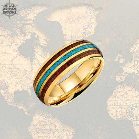 Image of Unique Turquoise Mens Ring Gold Tungsten Wedding Bands Koa Wood Ring