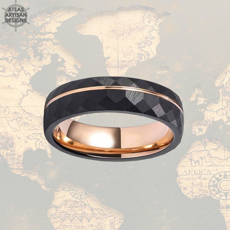 6mm Tungsten Rose Gold Wedding Bands - Black Hammered Womens Ring