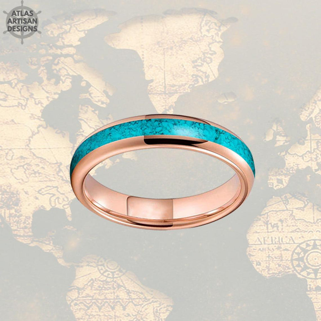 Thin 14K Rose Gold Turquoise Ring Mens Wedding Band Tungsten Ring - Atlas Artisan Designs