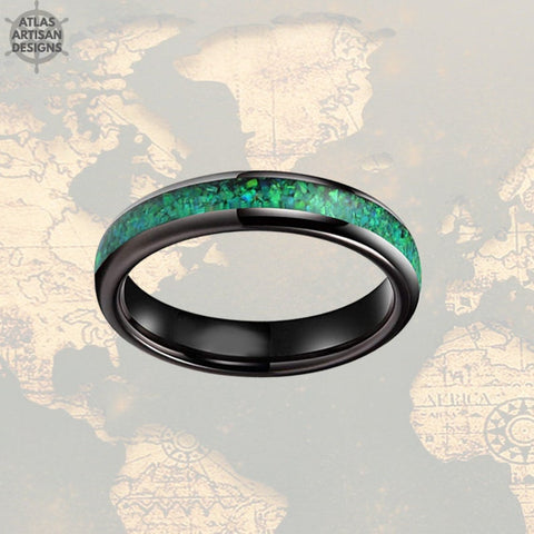 Image of 4mm Black Tungsten Ring Green Opal Womens Wedding Band