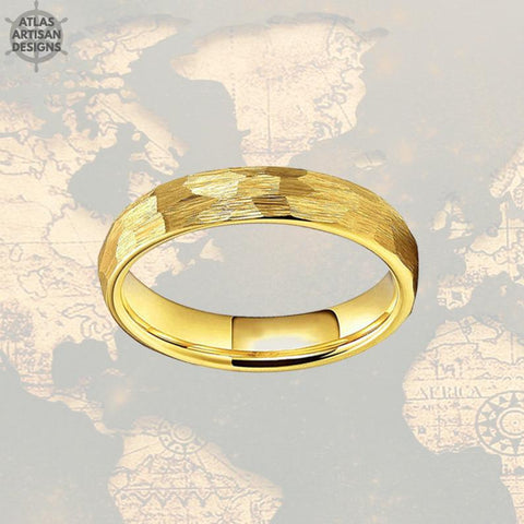 Image of 14K Yellow Gold Wedding Band Tungsten Ring - 4mm Gold Ring Hammered Wedding Band