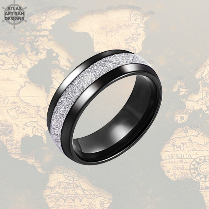 8mm Black Ring Meteorite Wedding Band Tungsten Ring - Atlas Artisan Designs