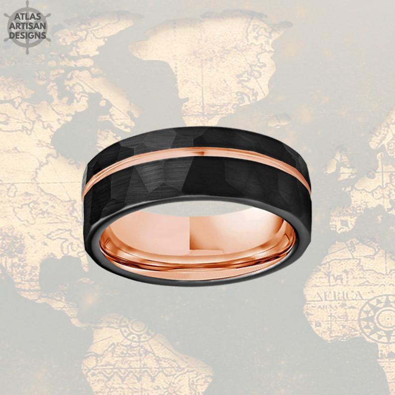 Rose Gold Ring Mens Wedding Band Hammered Ring - Atlas Artisan Designs