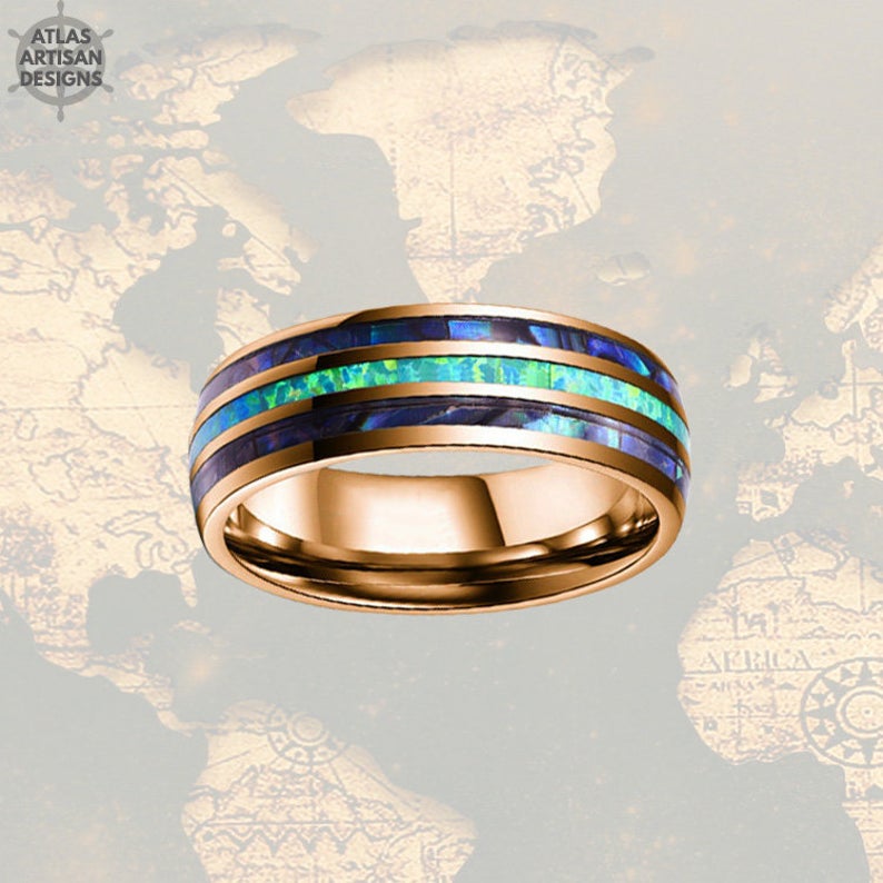 Blue Opal Ring Mens Wedding Band Tungsten Ring 8mm Rose Gold Tungsten Ring
