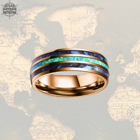 Image of Blue Opal Ring Mens Wedding Band Tungsten Ring 8mm Rose Gold Tungsten Ring