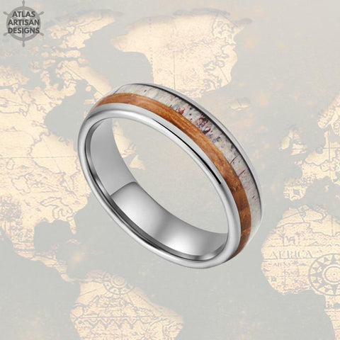 Image of Thin Deer Antler Ring Mens Wedding Band Tungsten Ring Whiskey Barrel Ring