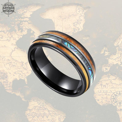 Image of Abalone Ring Tungsten Wedding Band Wood Ring