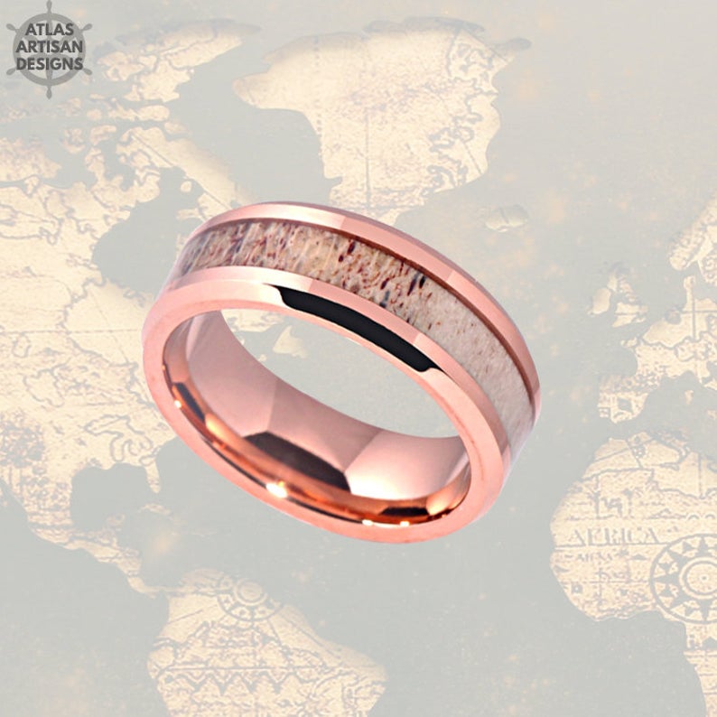 8mm Deer Antler Ring Rose Gold Wedding Band Mens Ring, 18K Rose Gold Ring, Unique Nature Ring - Atlas Artisan Designs