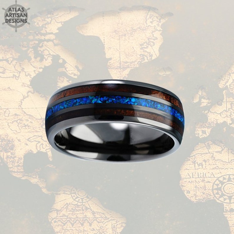 Wood Ring Mens Wedding Band - Blue Opal Ring Tungsten Wedding Band