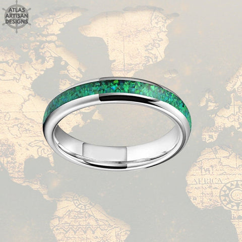 Image of 4mm Silver Tungsten Ring Green Opal Wedding Band Womens Ring