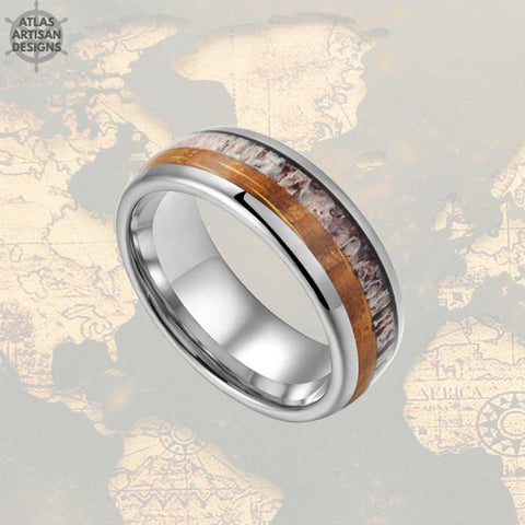 Image of Rustic Whiskey Barrel & Deer Antler Ring Mens Wedding Band Tungsten Ring