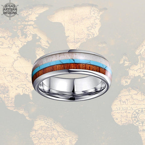 Image of 8mm Koa Wood Ring Mens Wedding Band Turquoise Ring / Deer Antler Ring Tungsten Wedding Band Mens Ring / Wooden Ring Unique Tungsten Ring - Atlas Artisan Designs