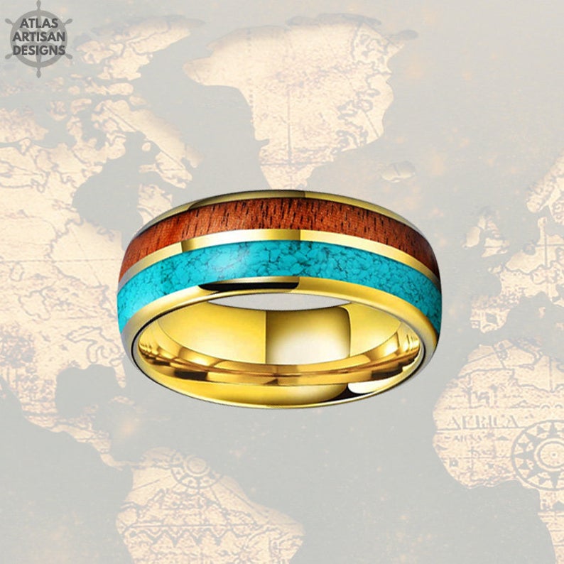 14K Yellow Gold Wedding Band Mens Ring - Turquoise & Wooden Ring
