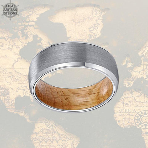 Image of Beveled Silver Whiskey Barrel Ring Mens Wedding Band Wood Ring, Tungsten Ring Wood Wedding Band Mens Ring, Unique Wood Promise Ring for Him - Atlas Artisan Designs