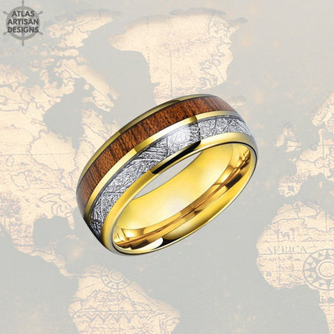 Image of 14K Gold Ring Mens Wedding Band Meteorite Ring - Koa Wood Tungsten Wedding Band
