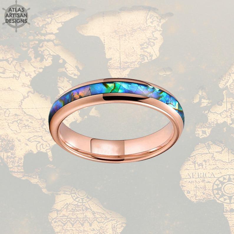 4mm Rose Gold Ring Tungsten Wedding Bands - Tropical Abalone Shell Women Ring - Atlas Artisan Designs