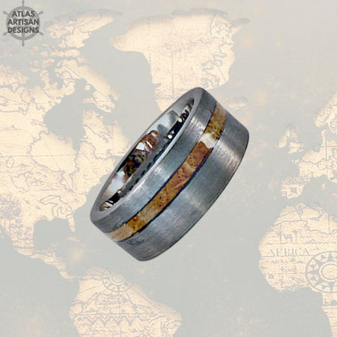 Image of Silver Whiskey Barrel Ring, 8mm Mens Wedding Band Tungsten Ring Whiskey Ring Wood Wedding Band - Atlas Artisan Designs
